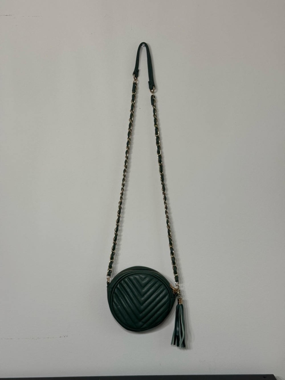 Round Quilted Crossbody Bag with Tassel - Dark Green
